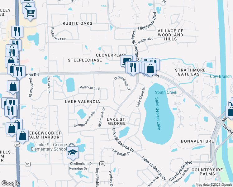 map of restaurants, bars, coffee shops, grocery stores, and more near 3926 Blooming Hill Lane in Palm Harbor