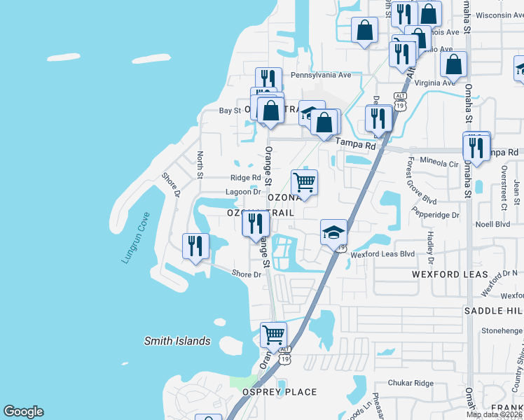 map of restaurants, bars, coffee shops, grocery stores, and more near 576 Vista Trail Court in Palm Harbor