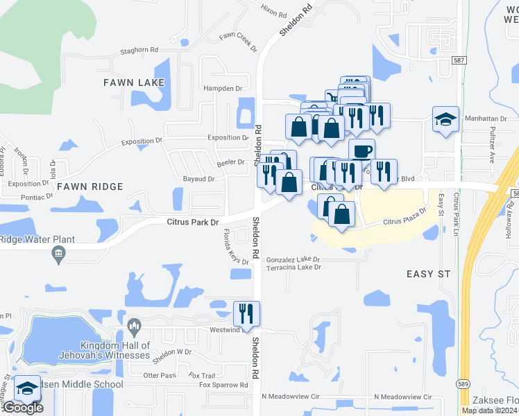 map of restaurants, bars, coffee shops, grocery stores, and more near 8827 Citrus Park Drive in Tampa