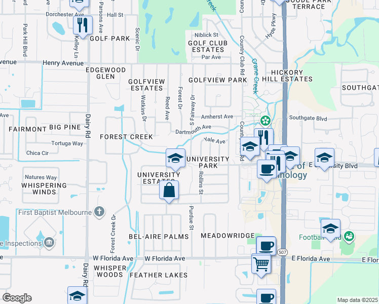 map of restaurants, bars, coffee shops, grocery stores, and more near 2906 South Fairway Drive in Melbourne
