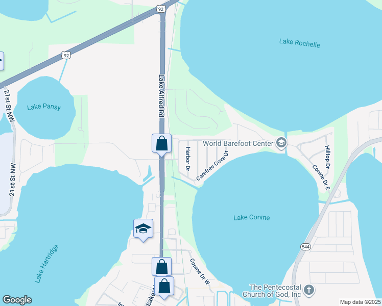 map of restaurants, bars, coffee shops, grocery stores, and more near 108 Harbor Drive in Winter Haven