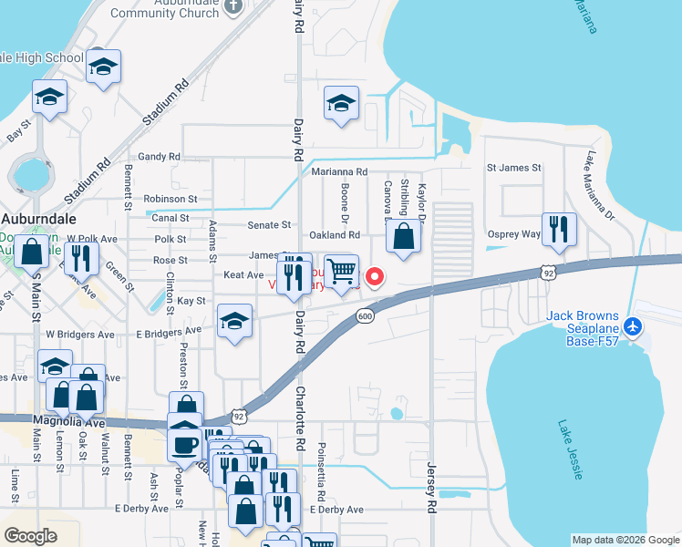 map of restaurants, bars, coffee shops, grocery stores, and more near 117 Flamingo Drive in Auburndale
