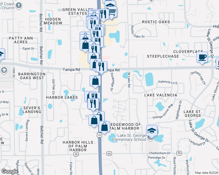 map of restaurants, bars, coffee shops, grocery stores, and more near 206 Dunbridge Drive in Palm Harbor