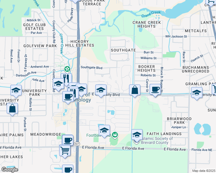 map of restaurants, bars, coffee shops, grocery stores, and more near 210 East University Boulevard in Melbourne