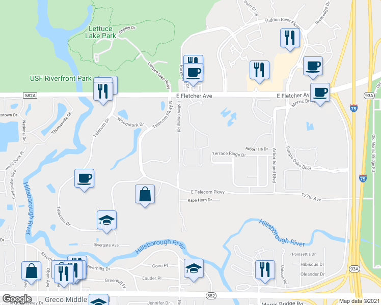 map of restaurants, bars, coffee shops, grocery stores, and more near 12904 Sanctuary Cove Drive in Temple Terrace