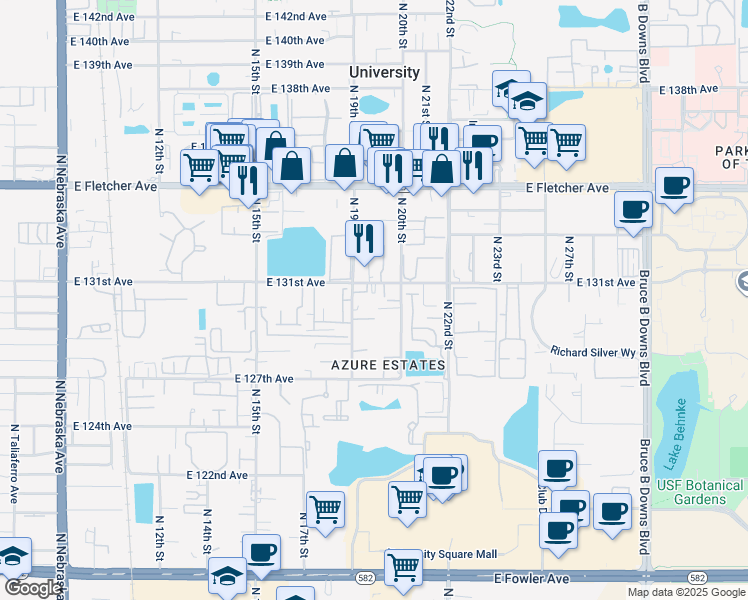 map of restaurants, bars, coffee shops, grocery stores, and more near 12743 North 19th Street in Tampa