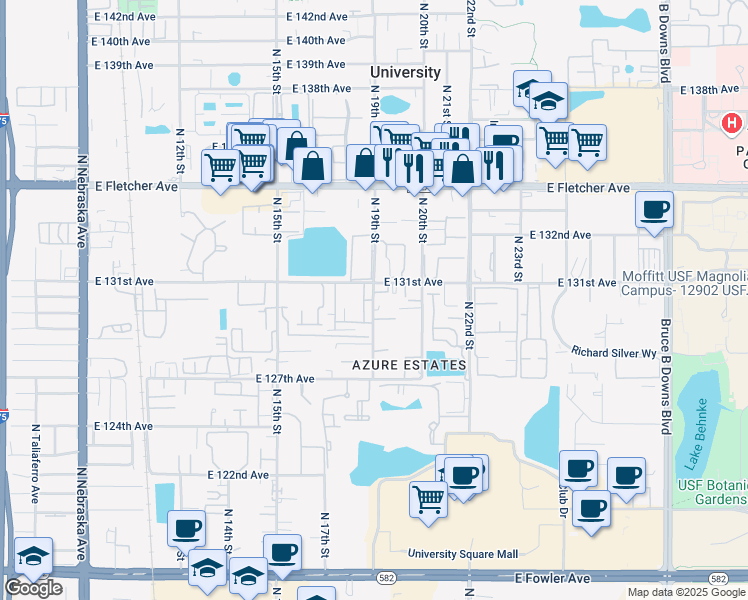 map of restaurants, bars, coffee shops, grocery stores, and more near 12743 North 19th Street in Tampa