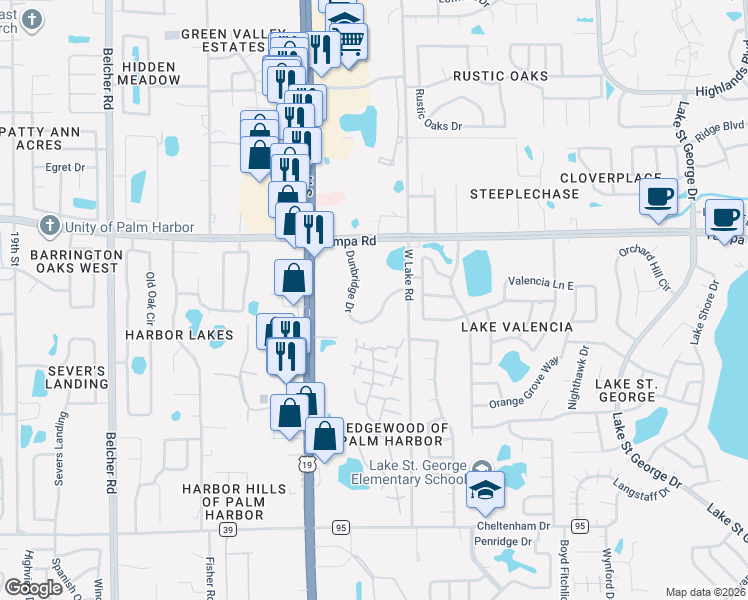 map of restaurants, bars, coffee shops, grocery stores, and more near 259 Dunbridge Drive in Palm Harbor