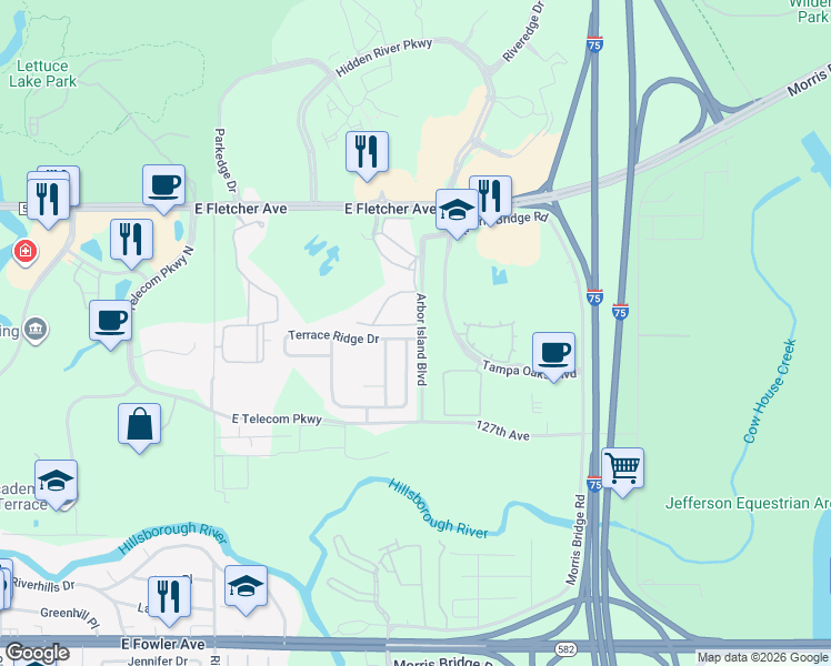 map of restaurants, bars, coffee shops, grocery stores, and more near 8044 Terrace Ridge Drive in Tampa