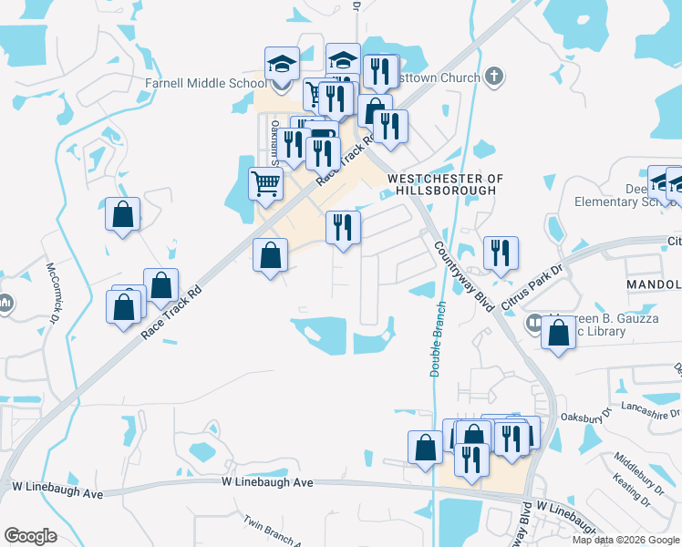 map of restaurants, bars, coffee shops, grocery stores, and more near 13913 Lynmar Boulevard in Tampa