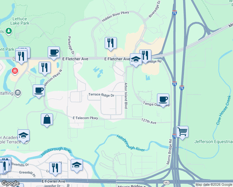 map of restaurants, bars, coffee shops, grocery stores, and more near 8030 Terrace Ridge Drive in Temple Terrace