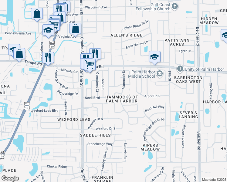 map of restaurants, bars, coffee shops, grocery stores, and more near 341 Westford Circle in Palm Harbor