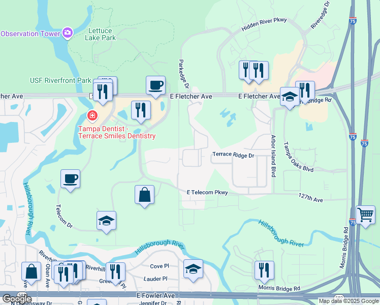 map of restaurants, bars, coffee shops, grocery stores, and more near 12904 Sanctuary Cove Drive in Temple Terrace