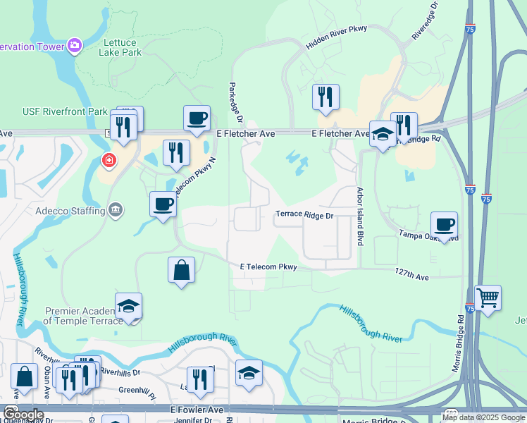 map of restaurants, bars, coffee shops, grocery stores, and more near 13025 Sanctuary Cove Drive in Temple Terrace