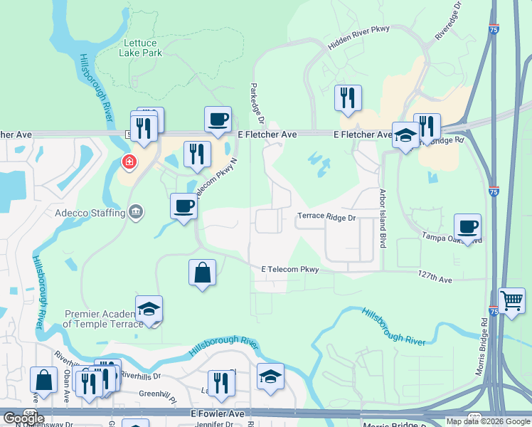 map of restaurants, bars, coffee shops, grocery stores, and more near 12904 Sanctuary Cove Drive in Temple Terrace