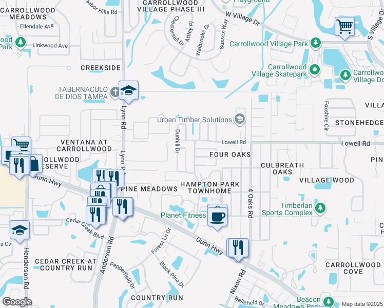 map of restaurants, bars, coffee shops, grocery stores, and more near 12720 Hampton Park Boulevard in Tampa