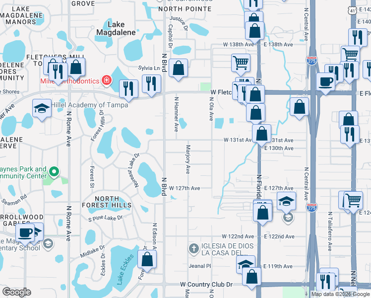 map of restaurants, bars, coffee shops, grocery stores, and more near 801 West 130th Avenue in Tampa