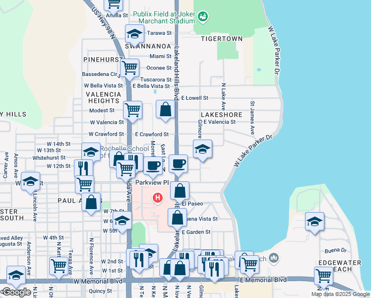 map of restaurants, bars, coffee shops, grocery stores, and more near 517 Druid Street in Lakeland