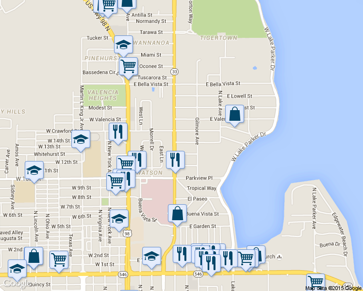 map of restaurants, bars, coffee shops, grocery stores, and more near 517 Druid Street in Lakeland