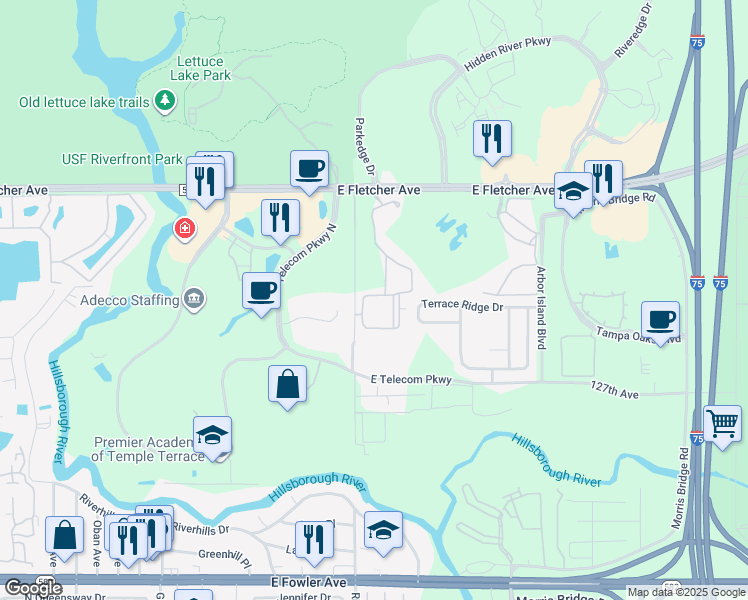 map of restaurants, bars, coffee shops, grocery stores, and more near 12904 Sanctuary Cove Drive in Temple Terrace