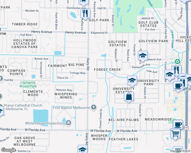 map of restaurants, bars, coffee shops, grocery stores, and more near 1060 Spring Oak Dr in Melbourne