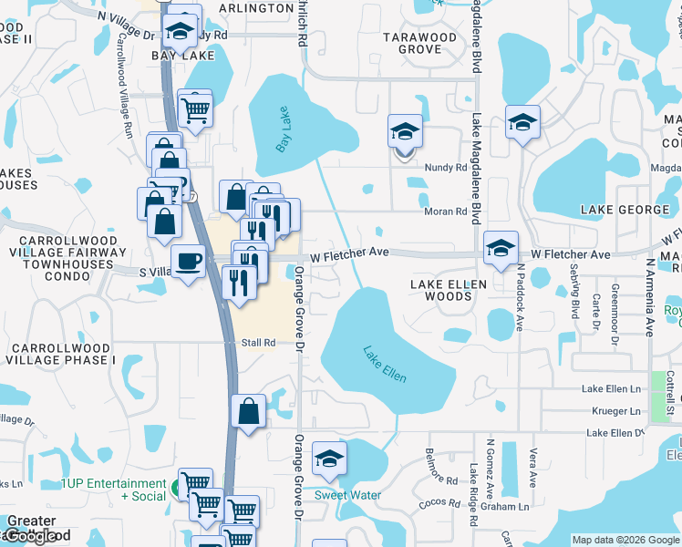 map of restaurants, bars, coffee shops, grocery stores, and more near 13015 Arborview Pl in Tampa