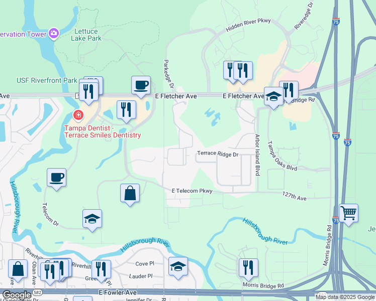 map of restaurants, bars, coffee shops, grocery stores, and more near 13025 Sanctuary Cove Drive in Temple Terrace