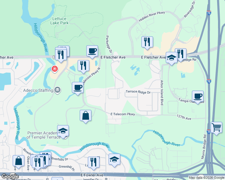 map of restaurants, bars, coffee shops, grocery stores, and more near 12904 Sanctuary Cove Drive in Temple Terrace