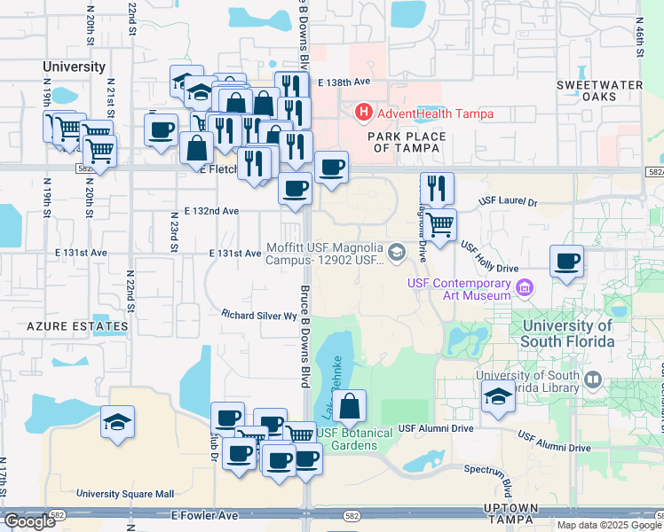 map of restaurants, bars, coffee shops, grocery stores, and more near 12901 Bruce B Downs Blvd in Tampa