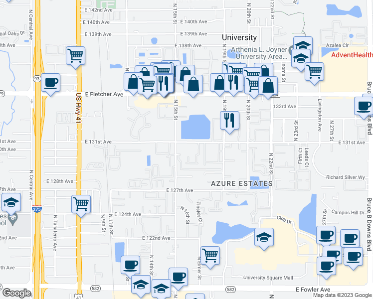 map of restaurants, bars, coffee shops, grocery stores, and more near 1500 East 130th Avenue in Tampa