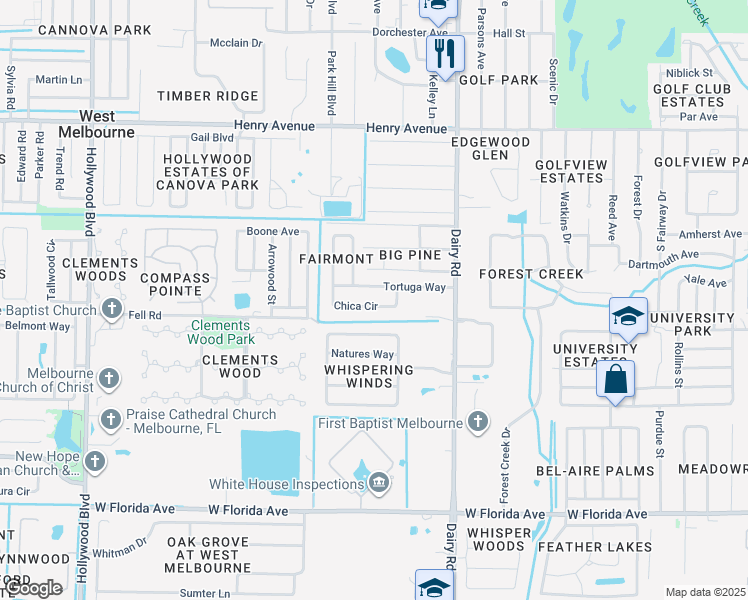 map of restaurants, bars, coffee shops, grocery stores, and more near 3022 Chica Circle in West Melbourne