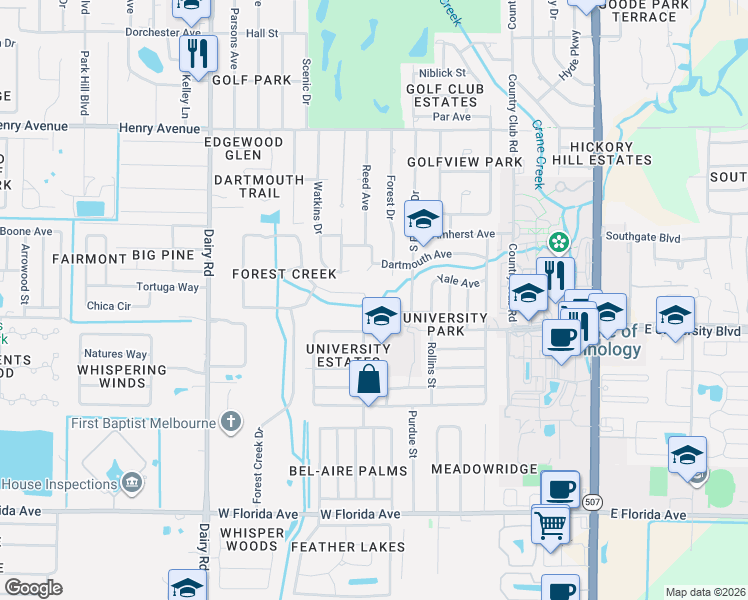 map of restaurants, bars, coffee shops, grocery stores, and more near 703 Spring Oak Drive in Melbourne