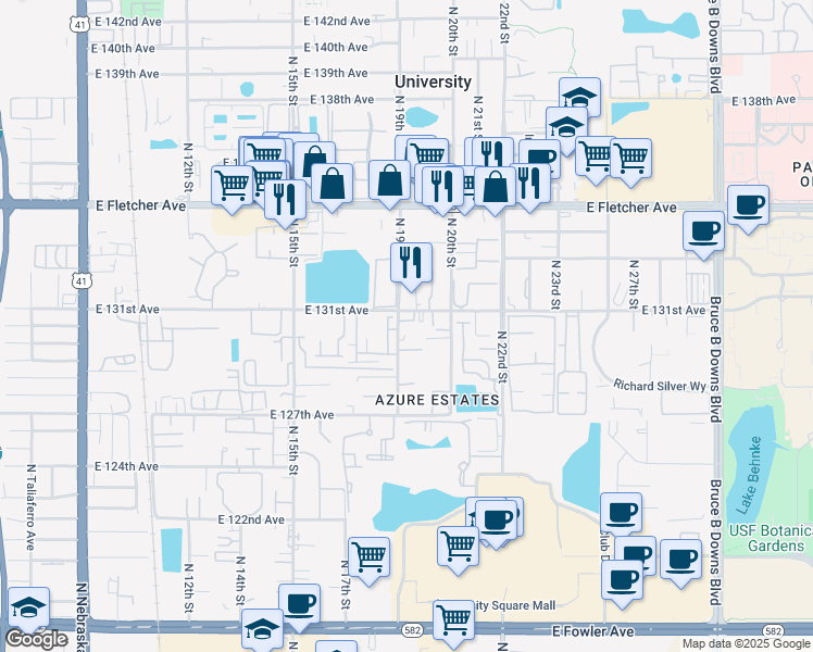 map of restaurants, bars, coffee shops, grocery stores, and more near 12743 North 19th Street in Tampa