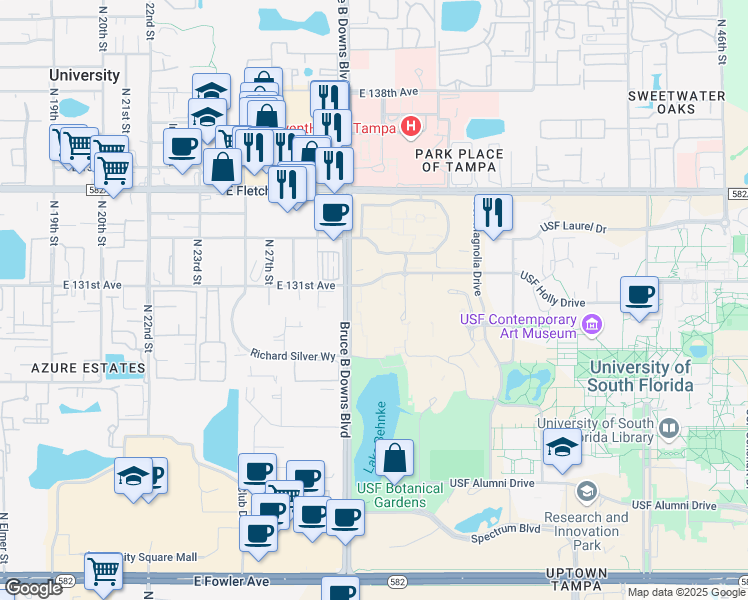 map of restaurants, bars, coffee shops, grocery stores, and more near 12901 Bruce B Downs Boulevard in Tampa