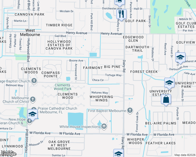 map of restaurants, bars, coffee shops, grocery stores, and more near 3122 Chica Circle in West Melbourne