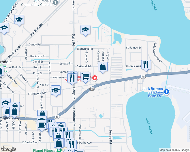 map of restaurants, bars, coffee shops, grocery stores, and more near 130 Flamingo Drive in Auburndale