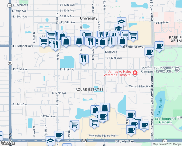 map of restaurants, bars, coffee shops, grocery stores, and more near 13042 North 20th Street in Tampa