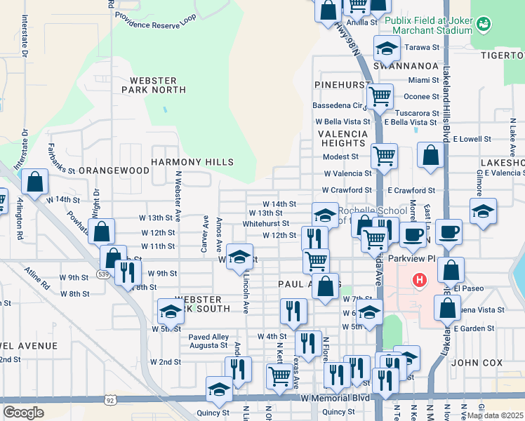 map of restaurants, bars, coffee shops, grocery stores, and more near 653 West 13th Street in Lakeland