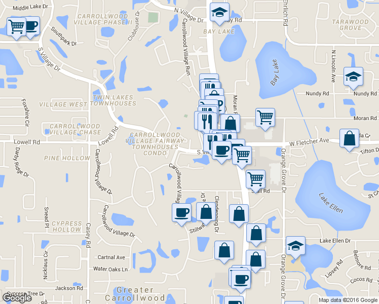 map of restaurants, bars, coffee shops, grocery stores, and more near 7928 South Village Drive in Tampa