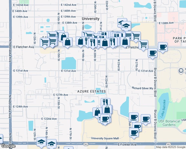 map of restaurants, bars, coffee shops, grocery stores, and more near 13042 North 20th Street in Tampa