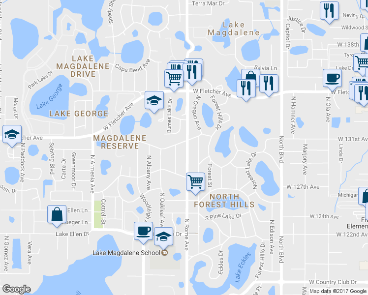 map of restaurants, bars, coffee shops, grocery stores, and more near 12932 North Rome Avenue in Tampa