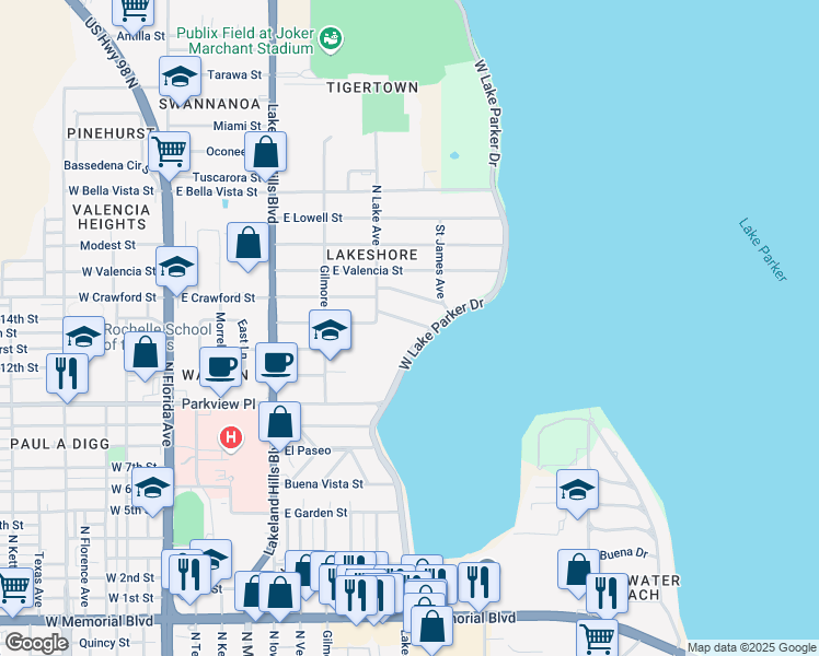 map of restaurants, bars, coffee shops, grocery stores, and more near 833 Channing Road in Lakeland