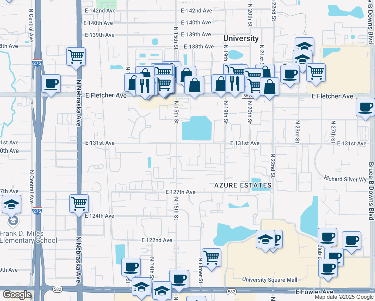 map of restaurants, bars, coffee shops, grocery stores, and more near 1500 East 130th Avenue in Tampa