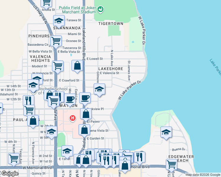 map of restaurants, bars, coffee shops, grocery stores, and more near 741 Druid Street in Lakeland