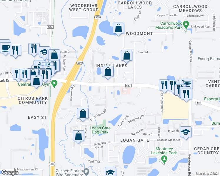 map of restaurants, bars, coffee shops, grocery stores, and more near 6560 Gunn Highway in Tampa