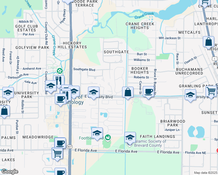 map of restaurants, bars, coffee shops, grocery stores, and more near 248 East University Boulevard in Melbourne