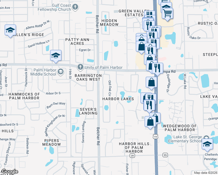 map of restaurants, bars, coffee shops, grocery stores, and more near 511 Old Oak Circle in Palm Harbor