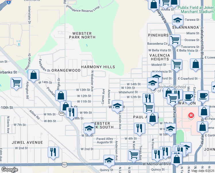 map of restaurants, bars, coffee shops, grocery stores, and more near 1524 Amos Avenue in Lakeland