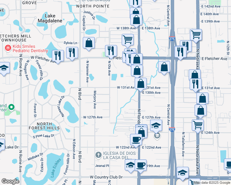 map of restaurants, bars, coffee shops, grocery stores, and more near 12730 Linda Drive in Tampa