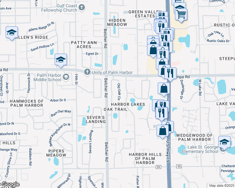 map of restaurants, bars, coffee shops, grocery stores, and more near 511 Old Oak Circle in Palm Harbor